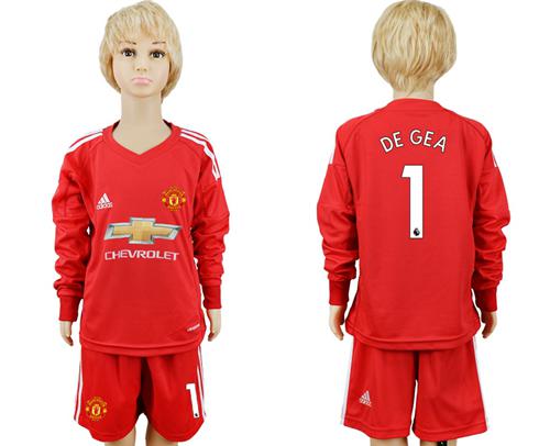 Manchester United #1 De Gea Red Goalkeeper Long Sleeves Kid Soccer Club Jersey - Click Image to Close